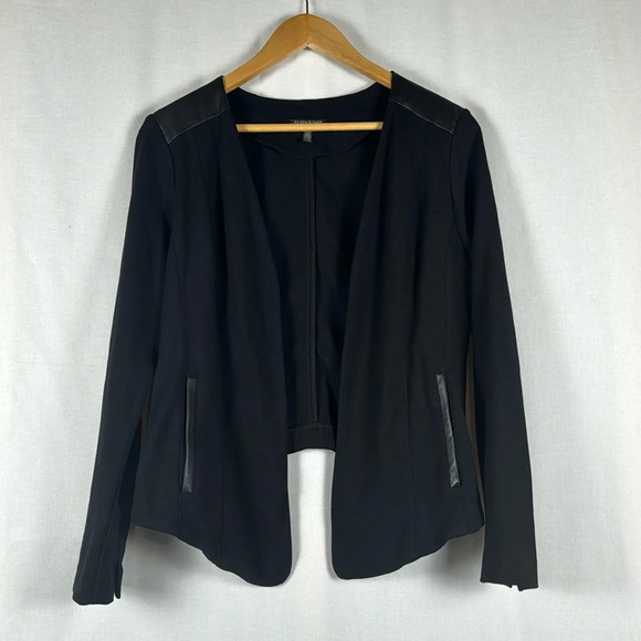 Eileen Fisher Jackets & Blazers - Eileen Fisher Black Open Blazer Jacket w/ Leather Trim Shoulders & Pockets Sz PL